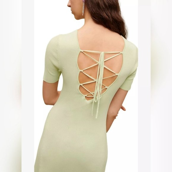 NWT Maje Ribbed Scoop Back Lace Up Mint Green Midi Dress, Size 36 (S) - Picture 2 of 8